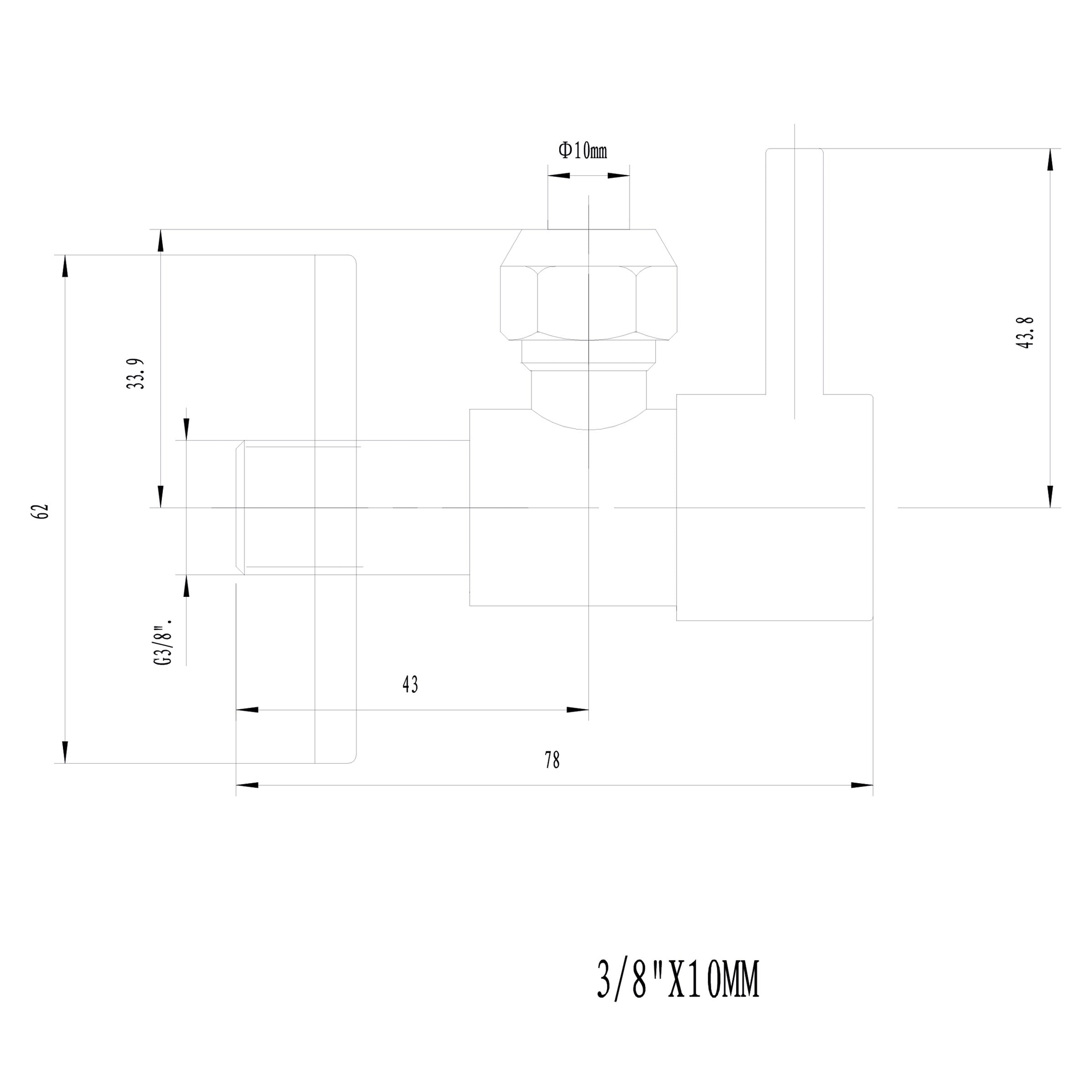 Maattekening Minimal hoekstopkraan 3/8" x 3/8" of knel 10 mm geborsteld brons koper PVD