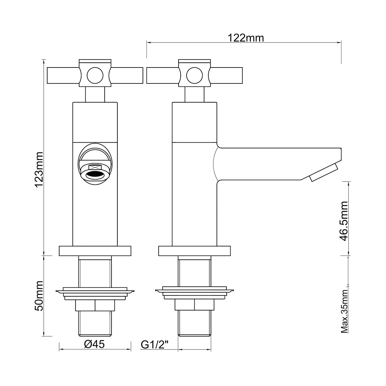 Asmaro fonteinkraan Kiwa 1/2" chroom maattekening – afmetingen volgens maattekening | Dealplein