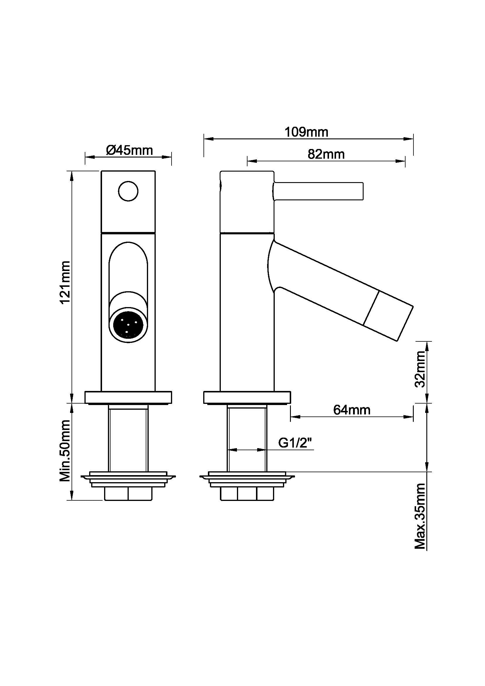 Benga fonteinkraan Kiwa 1/2'' chroom maattekening – afmetingen volgens maattekening | Dealplein