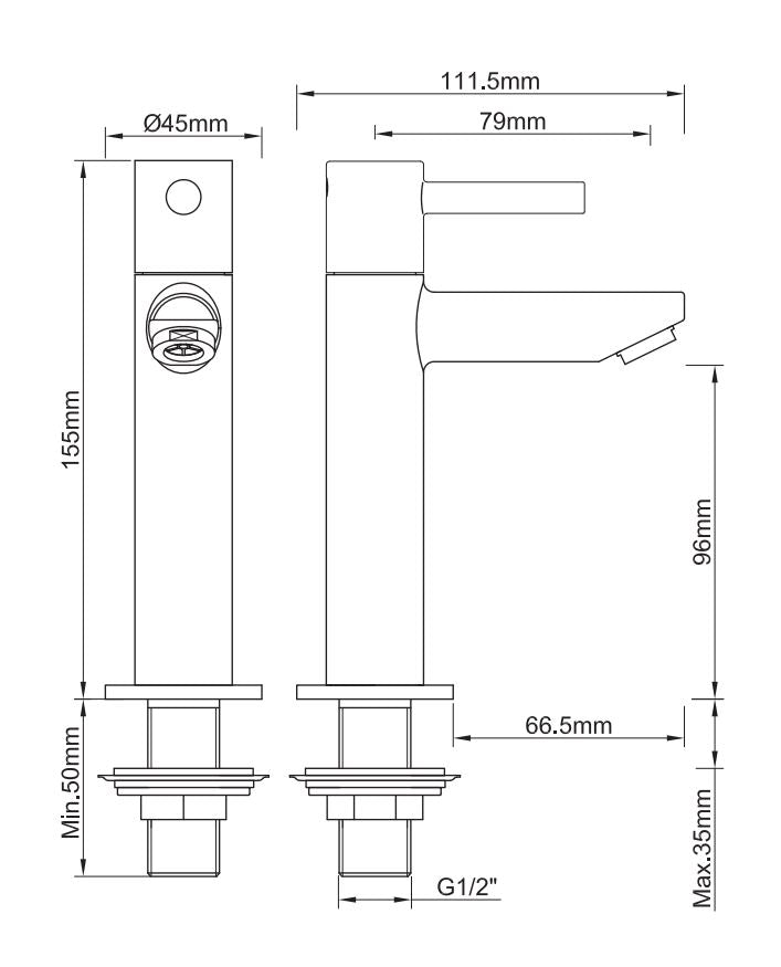 Maattekening Wiesbaden Caral Amador fonteinkraan XL Kiwa 1/2'' geborsteld brons koper PVD