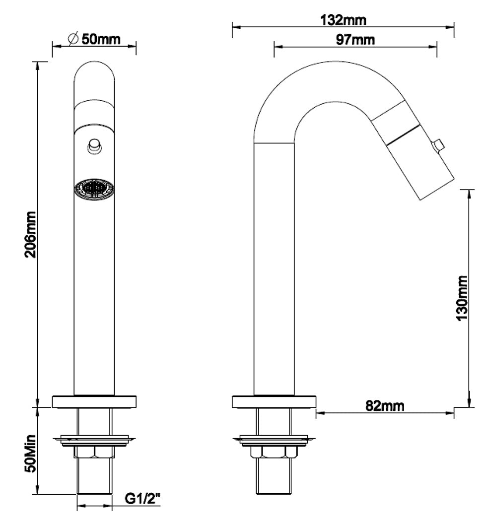 Metro fonteinkraan 1/2" mat zwart maattekening – afmetingen volgens maattekening | Dealplein