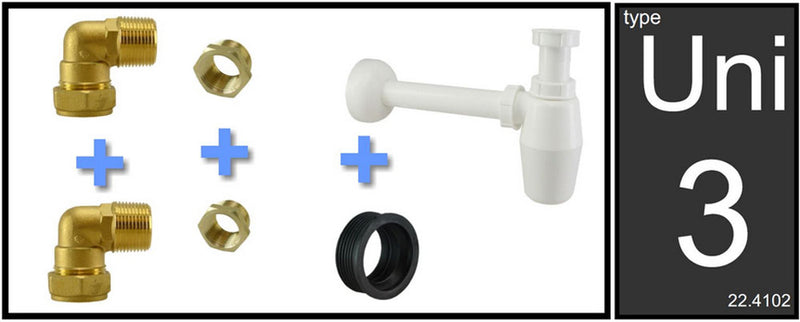 Uni-3 fontein/wast. aansluitset+PVC sifon