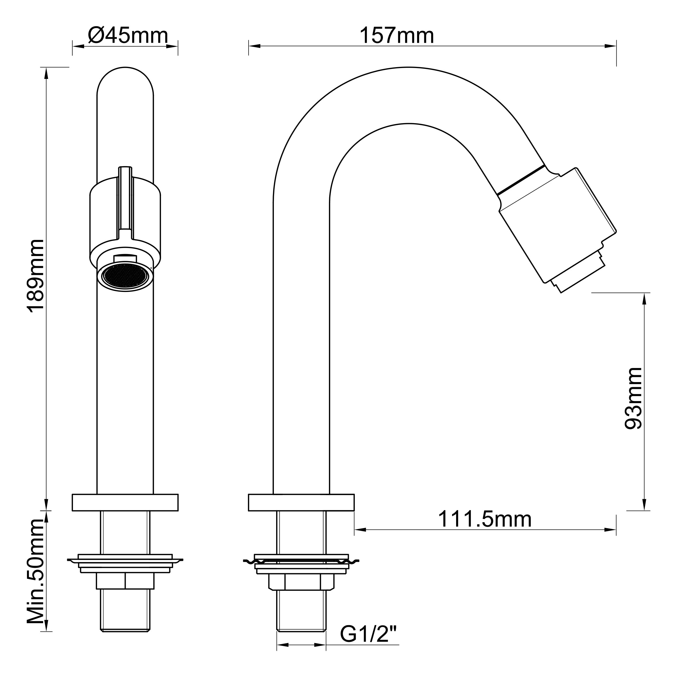 Caral Victoria fonteinkraan 1/2" gunmetal PVD maattekening – afmetingen volgens maattekening | Dealplein