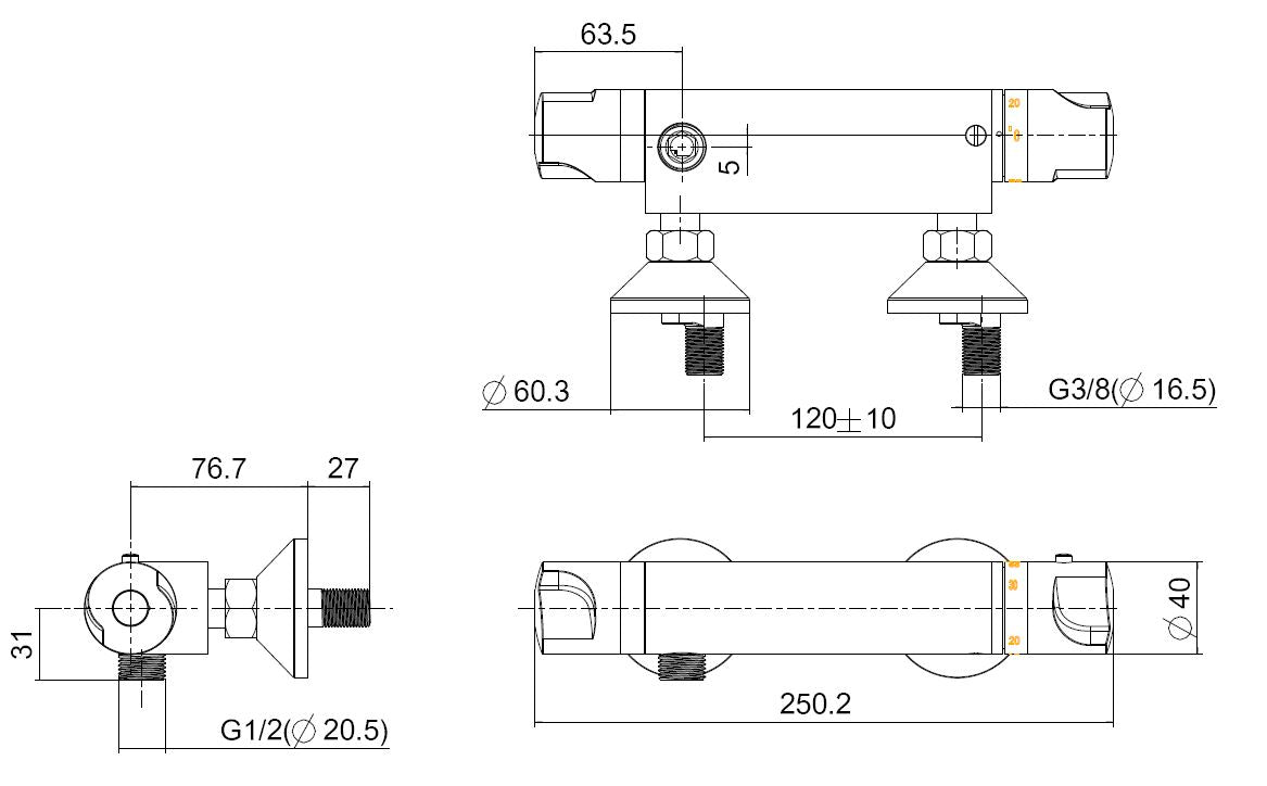 Universele thermostatische douchemengkraan 12cm chroom maattekening – afmetingen volgens maattekening | Dealplein