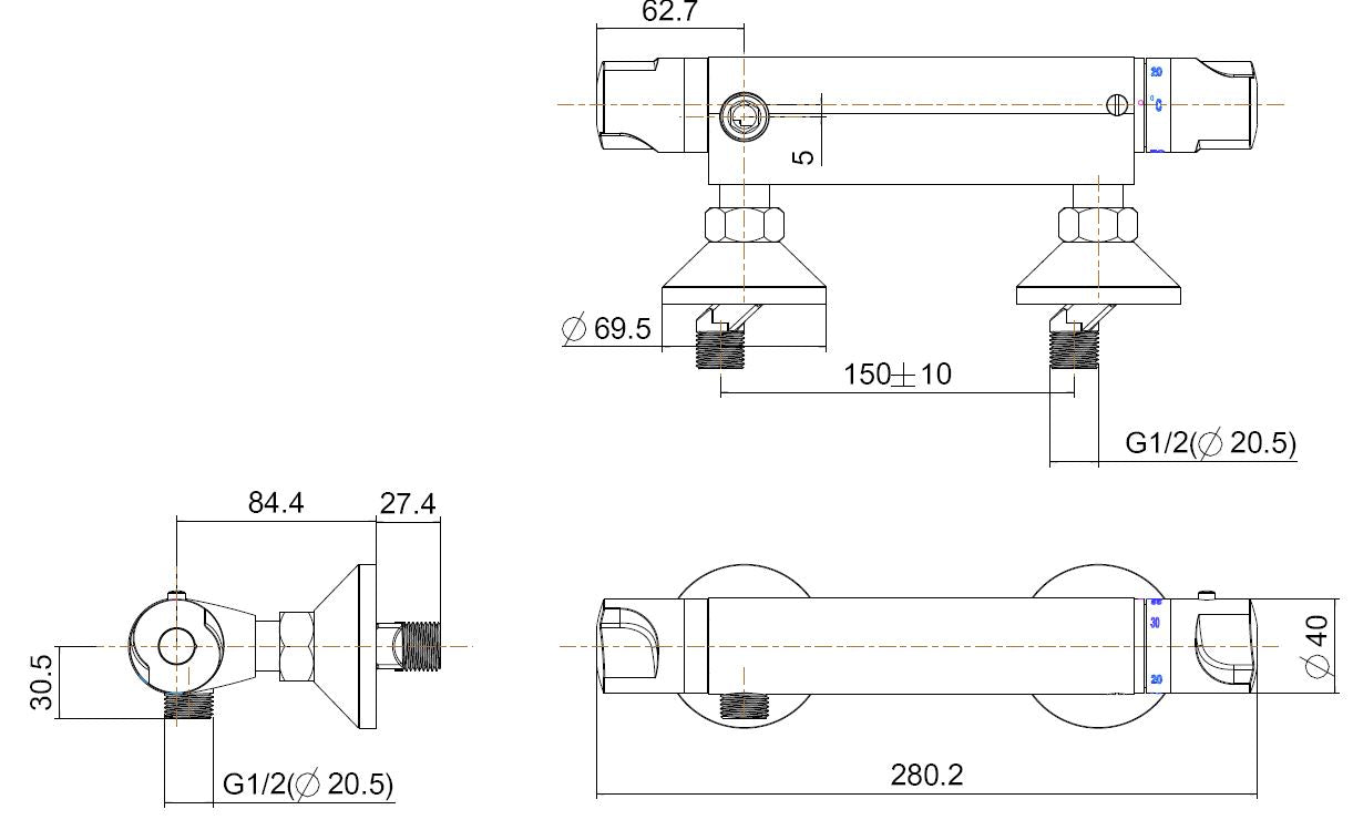 Universele thermostatische douchemengkraan 15cm chroom maattekening – afmetingen volgens maattekening | Dealplein