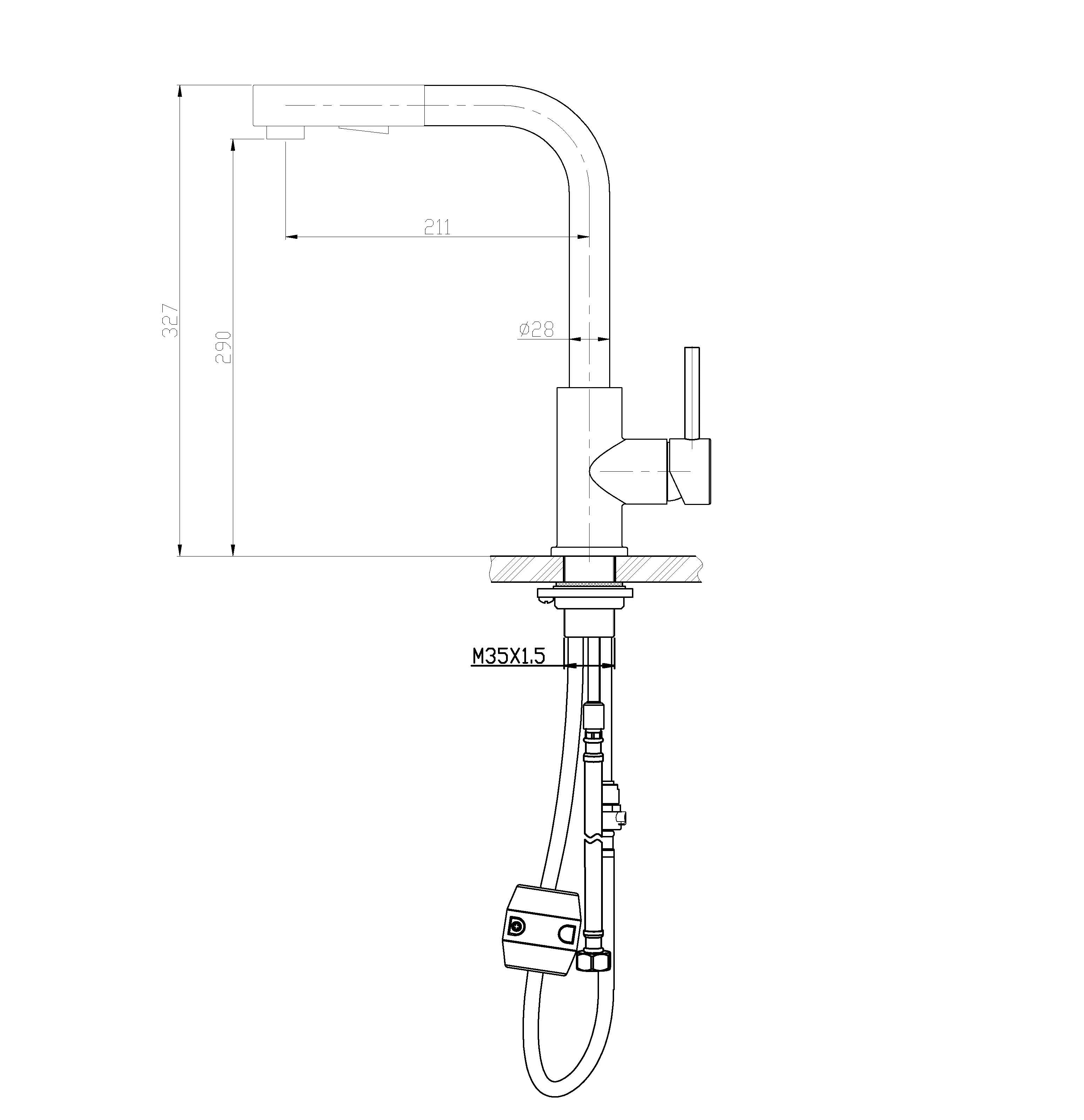 Maattekening Reno Twenty keukenkraan met coldstart en uittrekbare handdouche geborsteld RVS