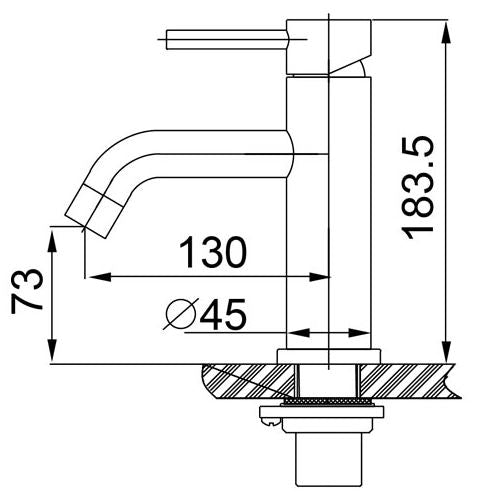 Maattekening Wiesbaden 304 wastafelkraan met coldstart geborsteld RVS