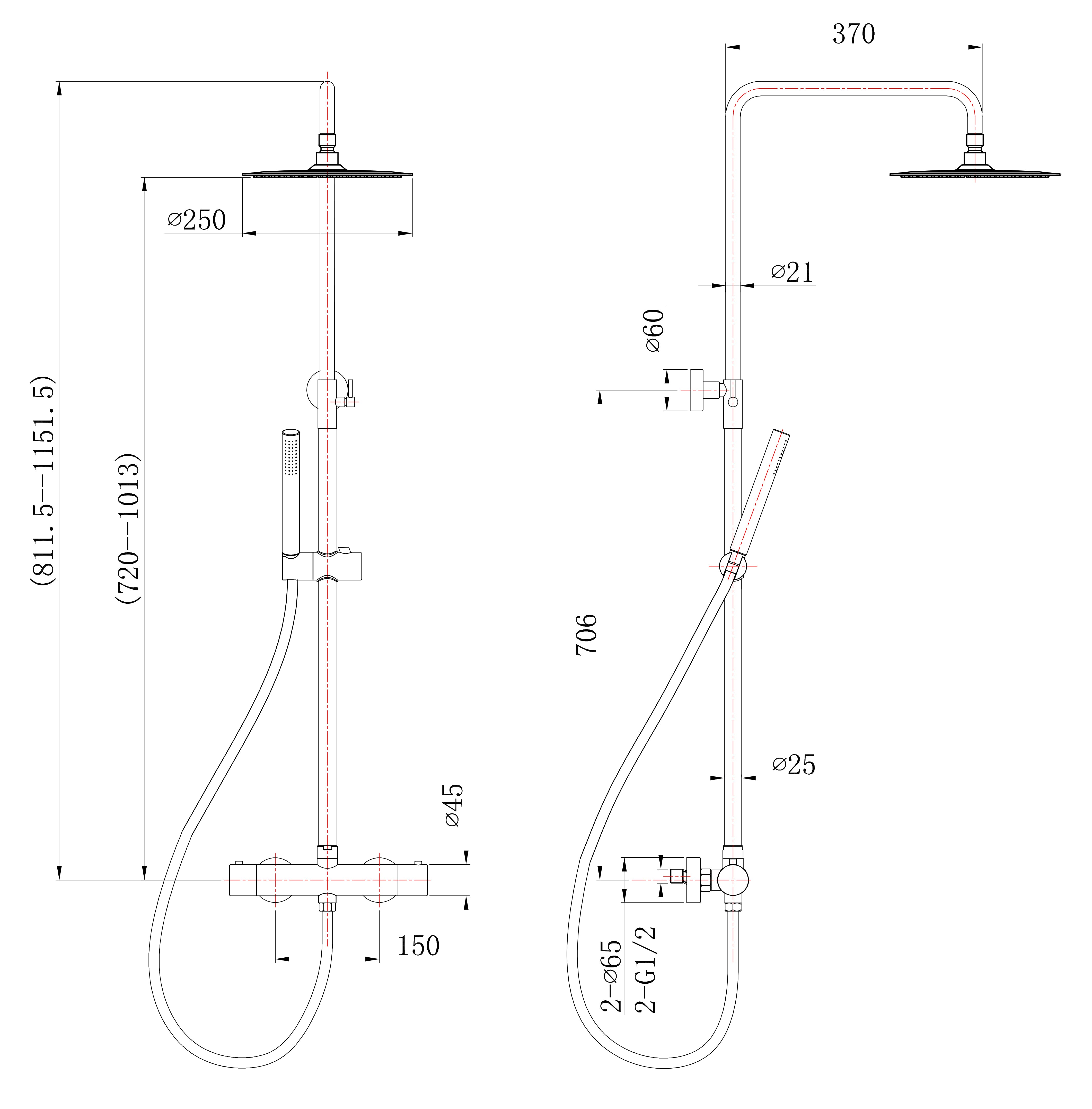 304 thermostatische regendoucheset opbouw geborsteld RVS maattekening – afmetingen volgens maattekening | Dealplein
