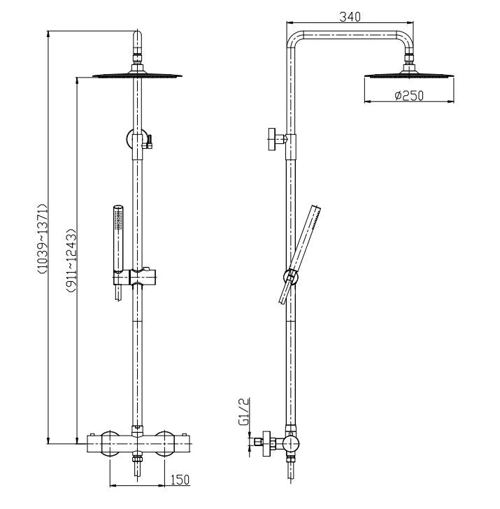 Tivaro thermostatische regendoucheset opbouw mat zwart maattekening – afmetingen volgens maattekening | Dealplein