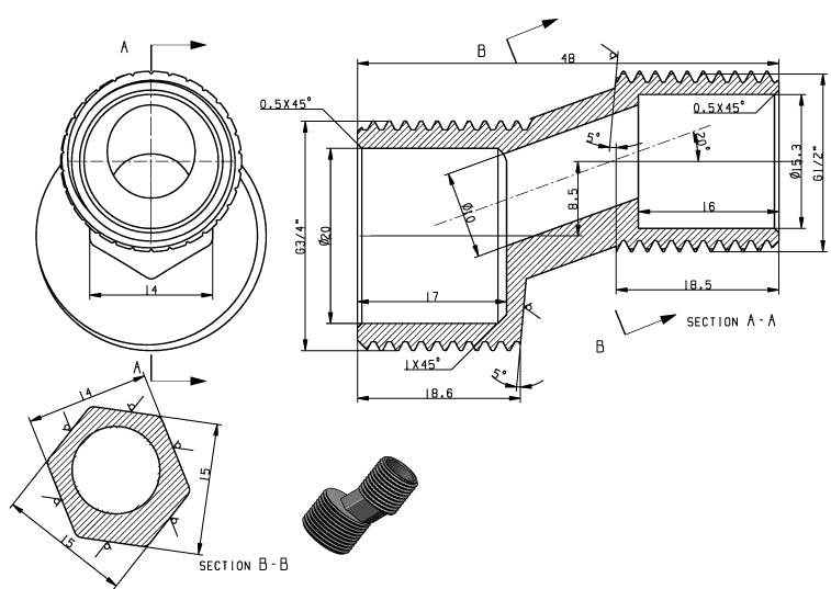 Losse S-Koppeling 3/4x1/2 zonder rozet maattekening – 4 × 1 cm | Dealplein