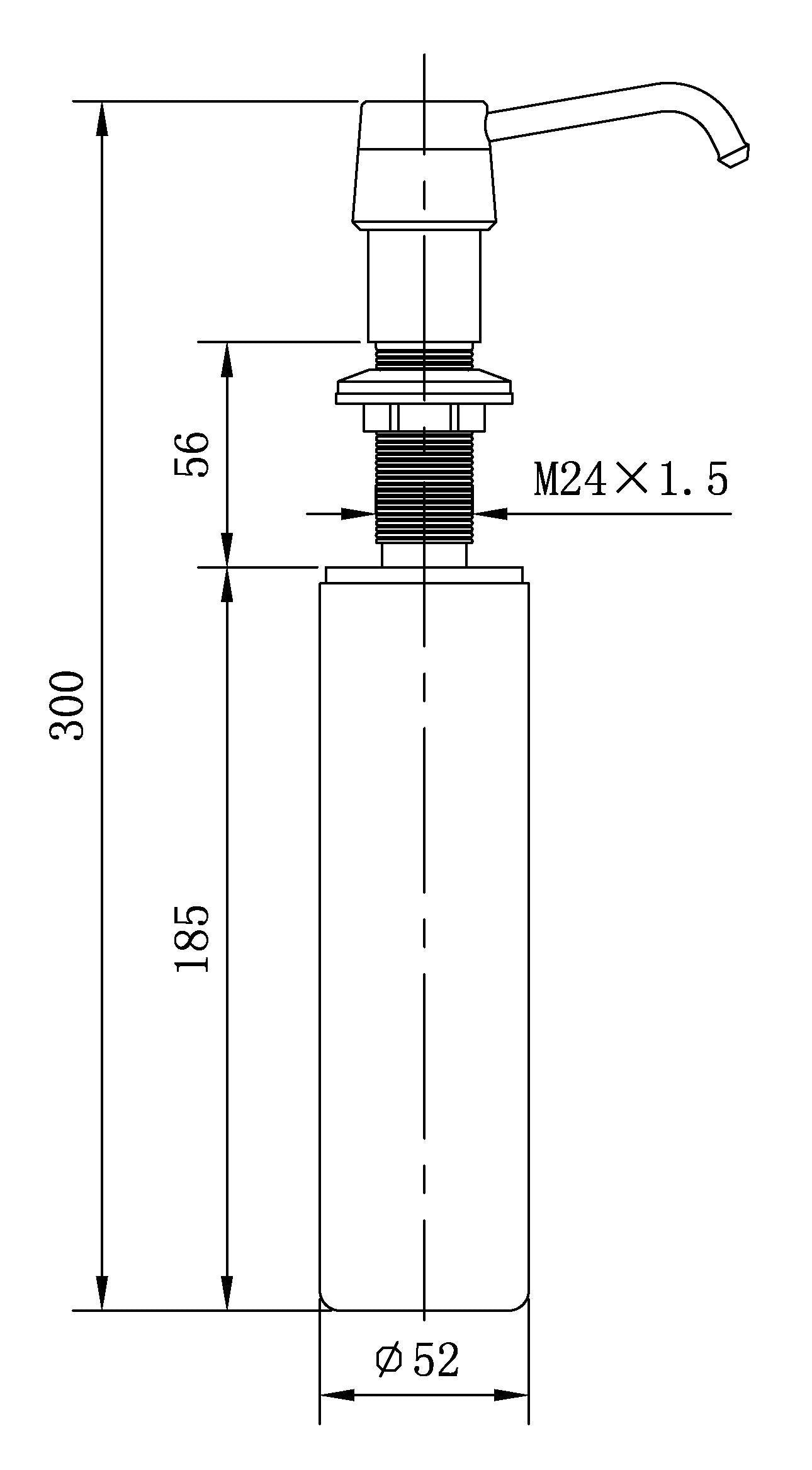 Maattekening Inbouw zeeppompje geborsteld koper kunststof fles 250ml
