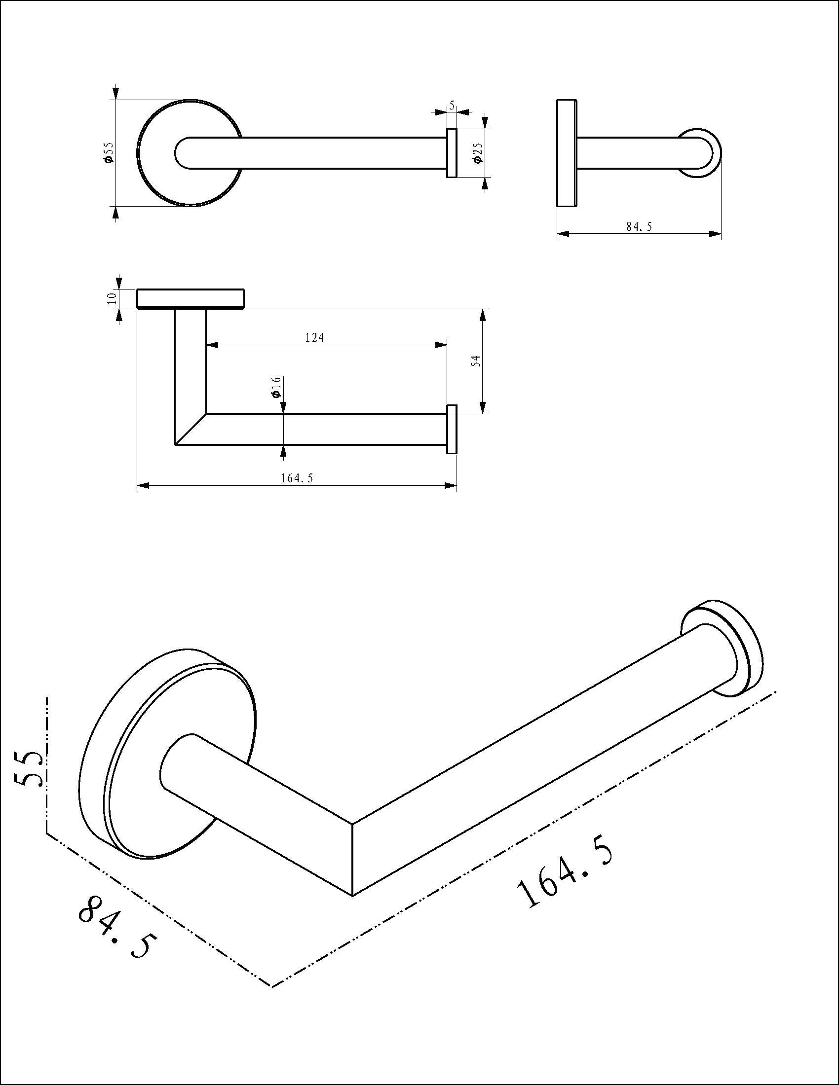 Maattekening Wiesbaden Alonzo toiletrolhouder met vaste arm mat zwart
