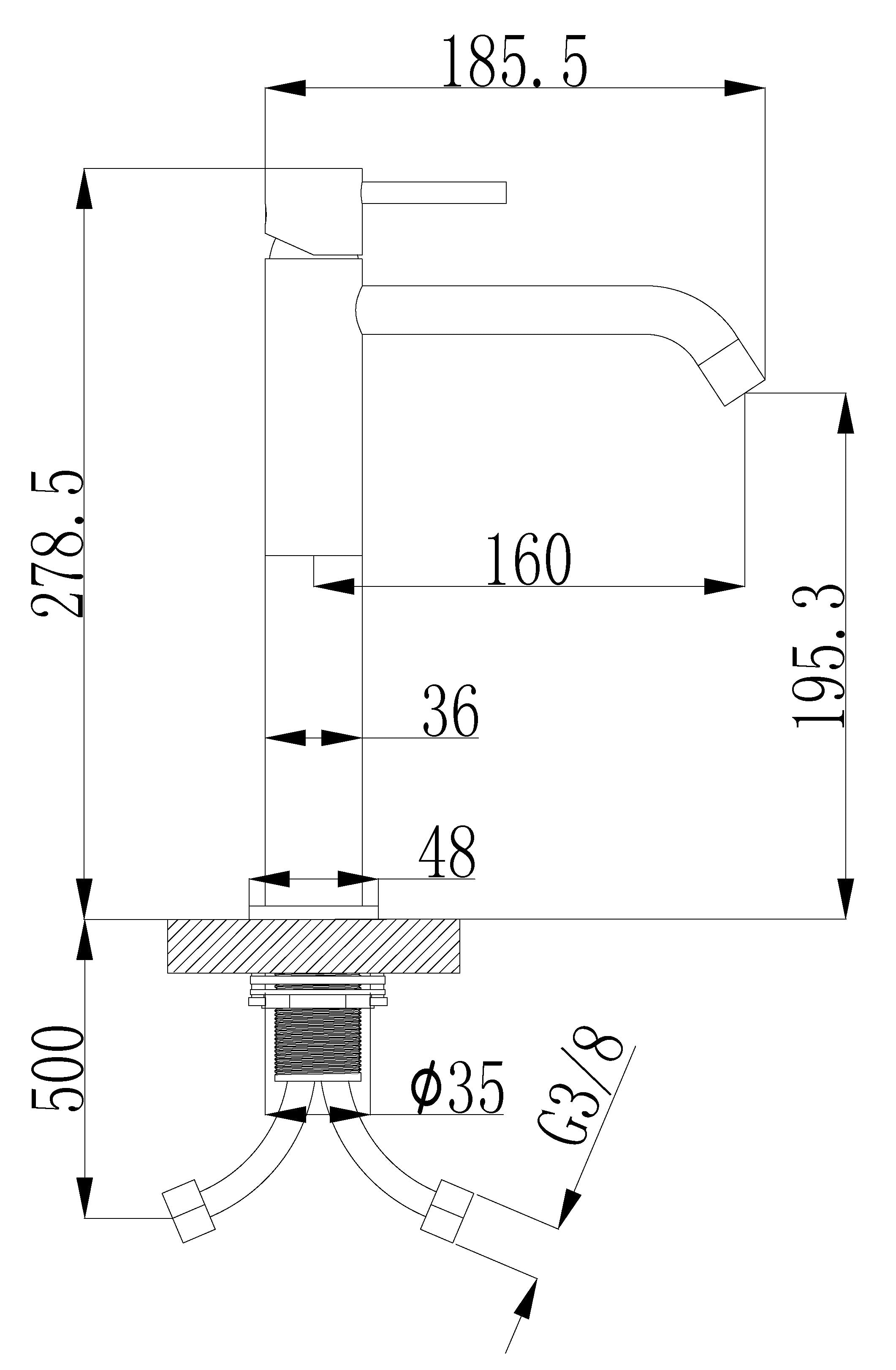 Style XL wastafelkraan hoog geborsteld brons koper PVD maattekening – afmetingen volgens maattekening | Dealplein