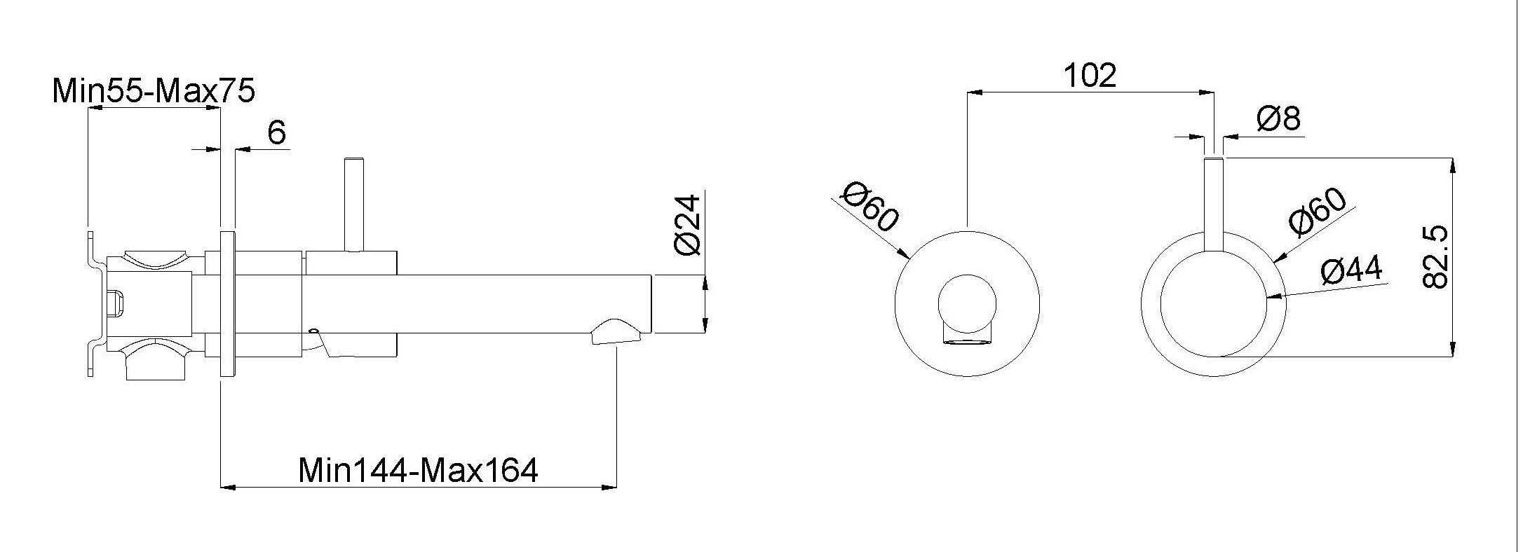 Maattekening Wiesbaden Style wastafelkraan inbouw gunmetal PVD