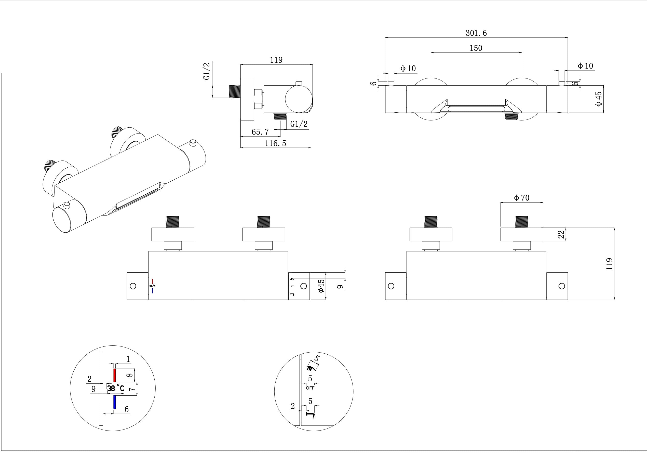 Style thermostatische badmengkraan waterval cooltouch geborsteld staal PVD maattekening – afmetingen volgens maattekening | Dealplein