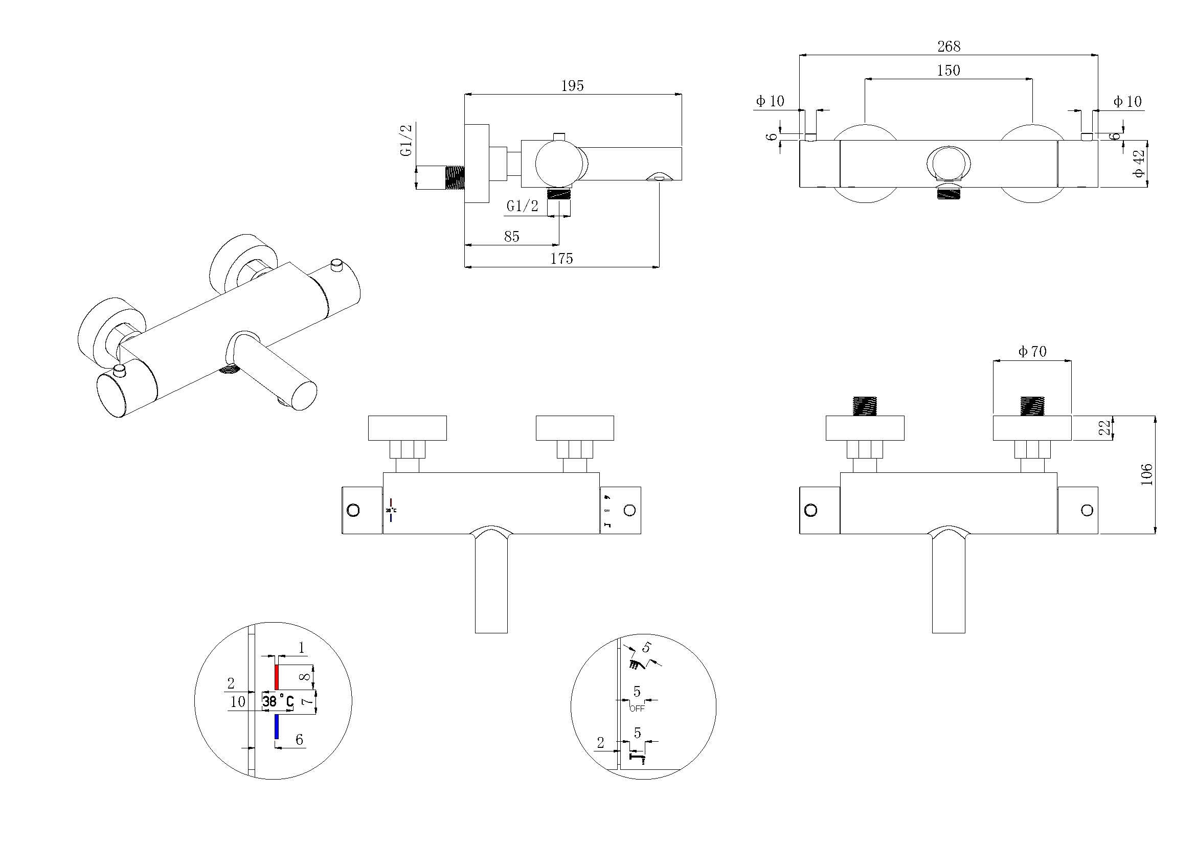 Style thermostatische badmengkraan cooltouch geborsteld staal PVD maattekening – afmetingen volgens maattekening | Dealplein