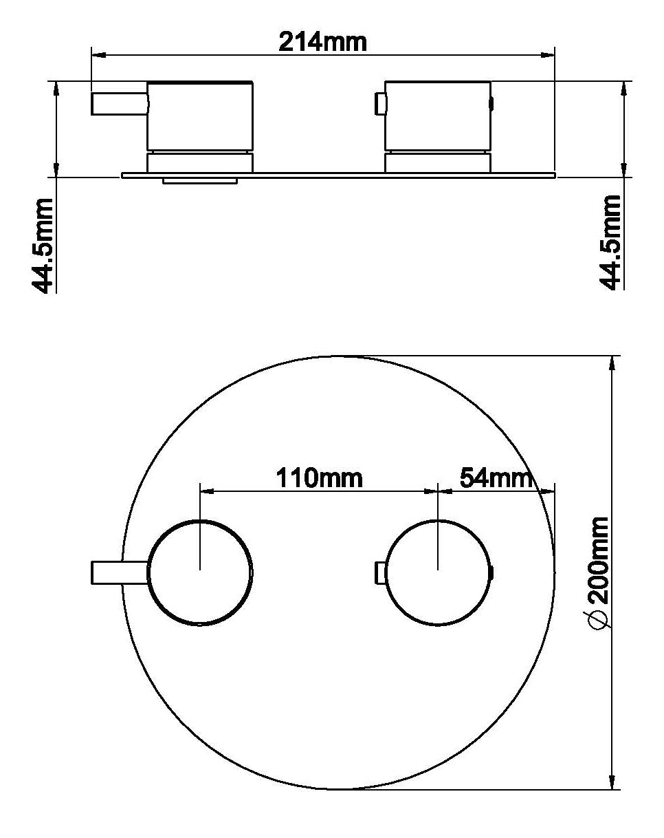 Maattekening Wiesbaden Caral afbouwdeel rond inbouwthermostaat 2 weg geborsteld staal PVD