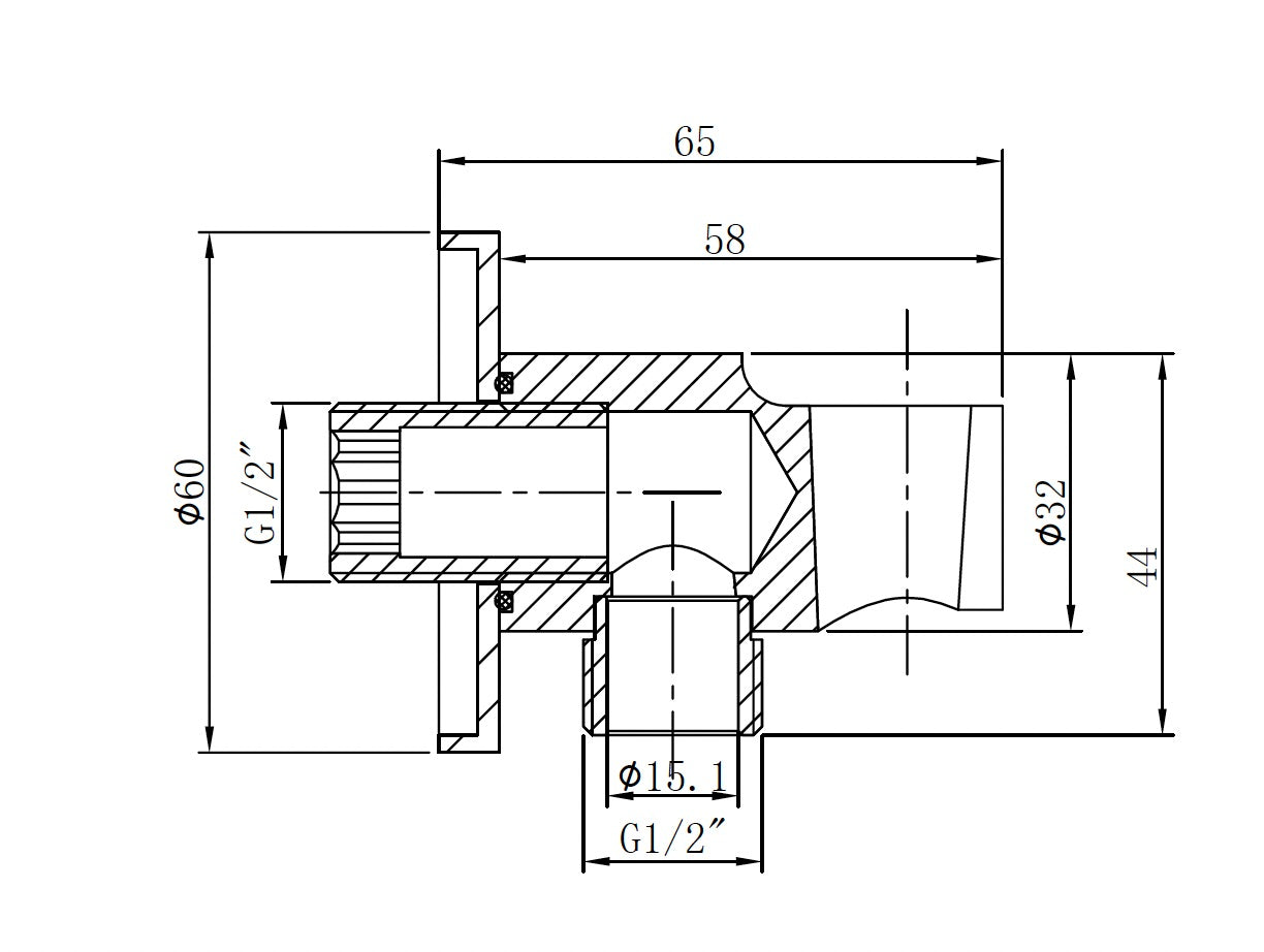 UniMatch wandaansluitbocht met handdouchehouder rond 1/2" gunmetal PVD maattekening – afmetingen volgens maattekening | Dealplein