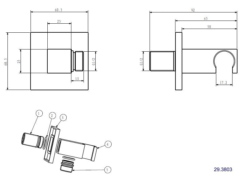 Maattekening Rombo wandaansluitbocht met handdouchehouder vierkant 1/2" mat zwart