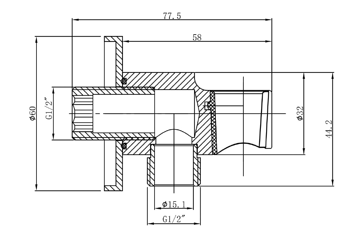 Maattekening Wiesbaden UniMatch wandaansluitbocht met handdouchehouder rond 1/2" geborsteld messing PVD