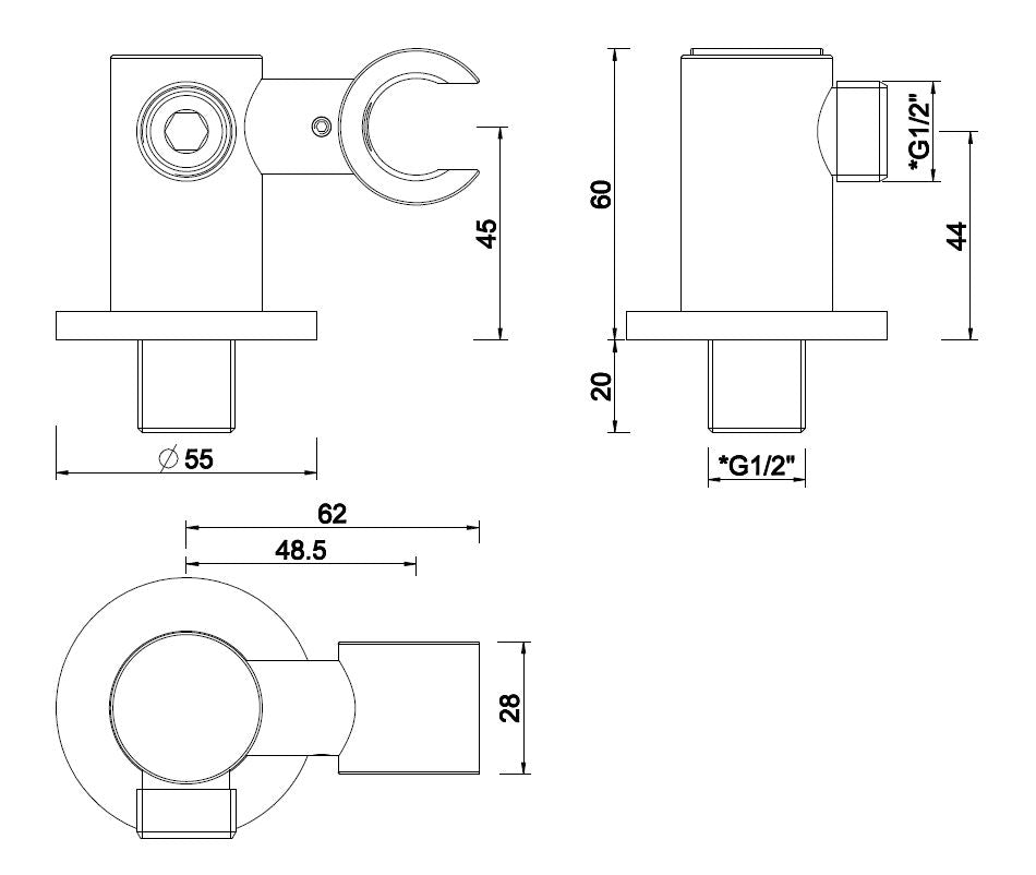 Maattekening Wiesbaden UniMatch wandaansluitbocht met kantelbare handdouchehouder rond 1/2" geborsteld brons koper PVD