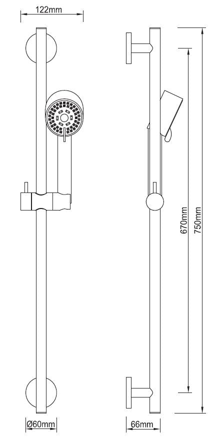Maattekening Wiesbaden UniMatch Cadans glijstangset compleet met handdouche 3 standen Ø 8 cm mat zwart