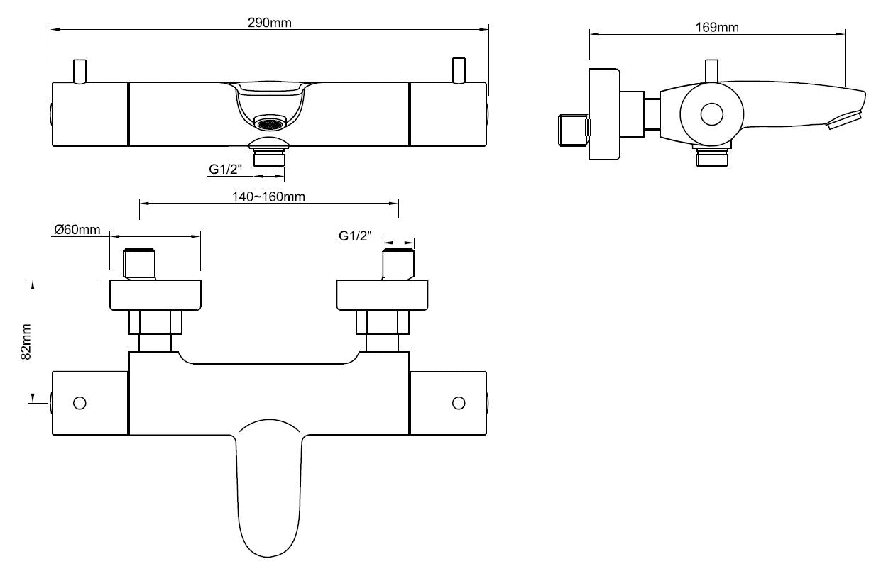 Caral thermostatische badmengkraan mat zwart maattekening – afmetingen volgens maattekening | Dealplein