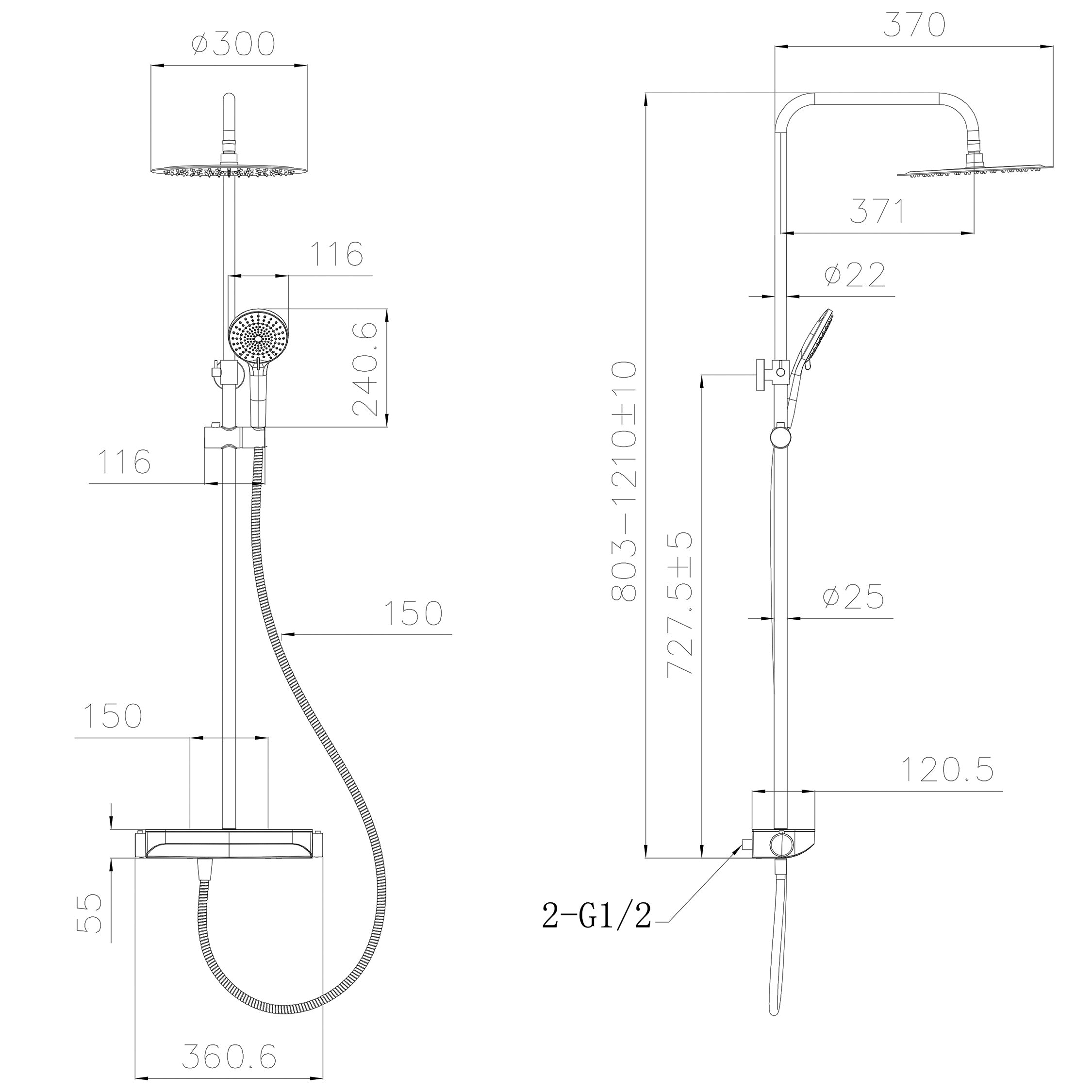 Maattekening Wiesbaden Tondell thermostatische regendoucheset opbouw met planchet mat zwart