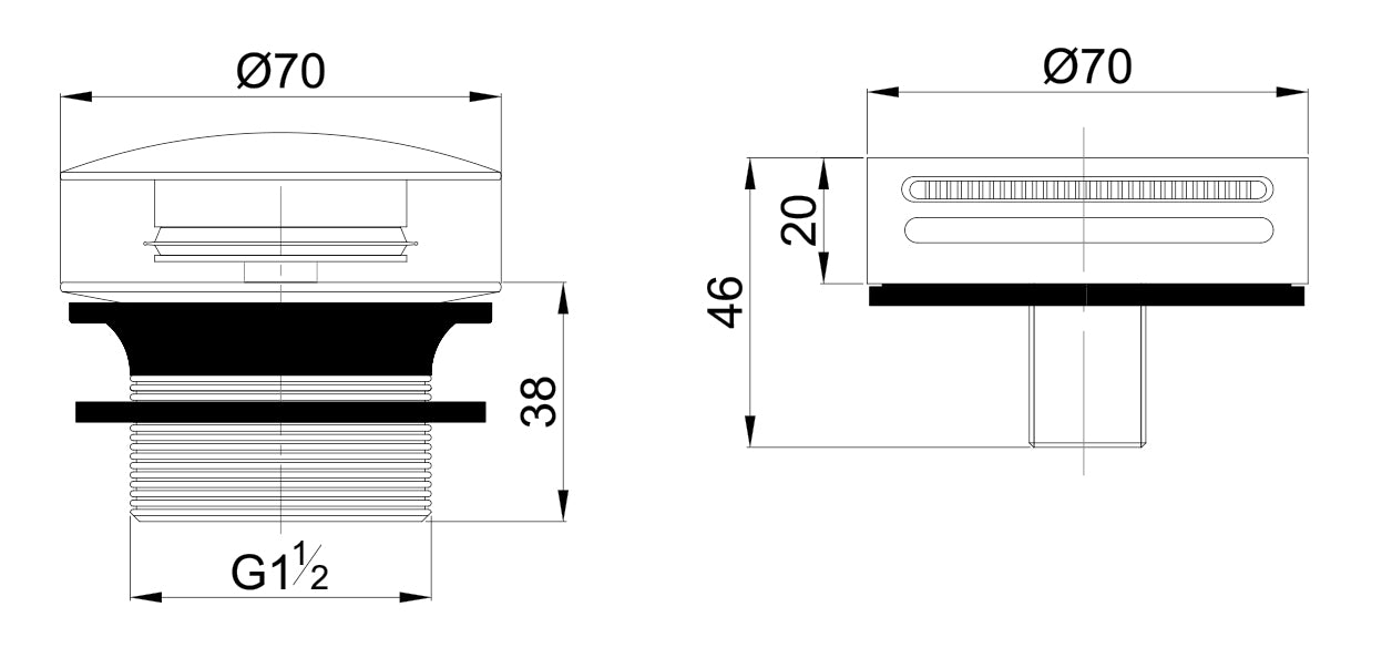 Maattekening Wiesbaden Caral afbouwdeel rond badafvoer met overloop en vulfunctie gunmetal