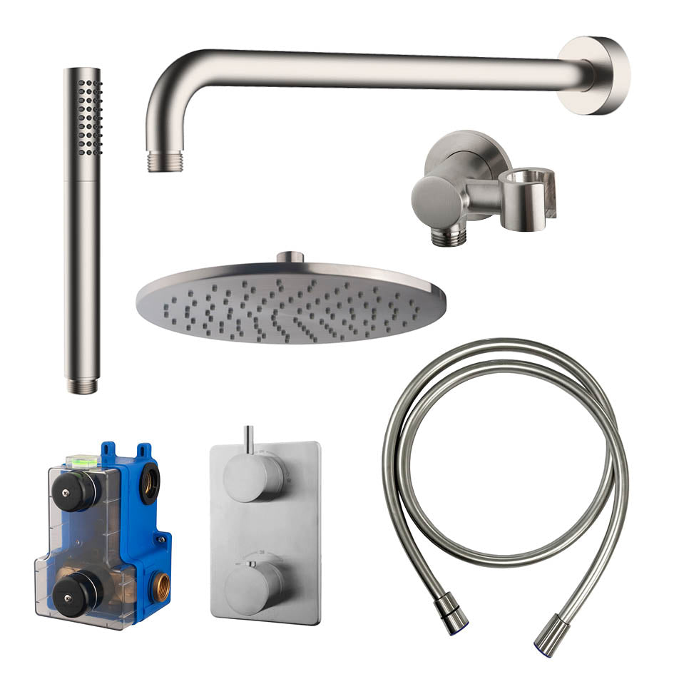 Caral Inbouwthermostaat Compleet met Hoofddouche 25 cm en Staafhanddouche Geborsteld Staal