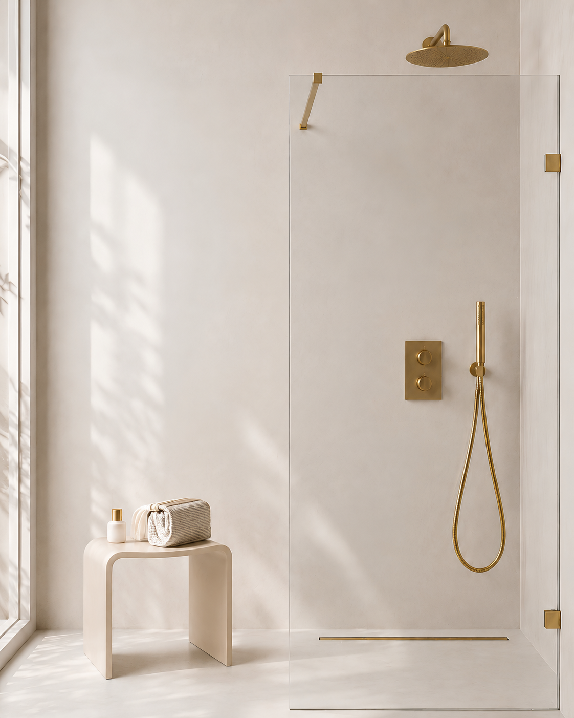 Caral inbouwthermostaat compleet met hoofddouche 25 cm en staafhanddouche geborsteld messing – Wiesbaden – Geborsteld Messing – Complete Douchekranenset | Dealplein