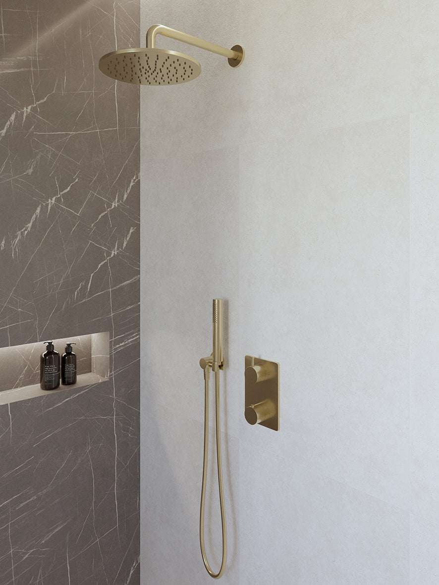 Caral Inbouwthermostaat Compleet met Hoofddouche 25 cm en Staafhanddouche Geborsteld Messing
