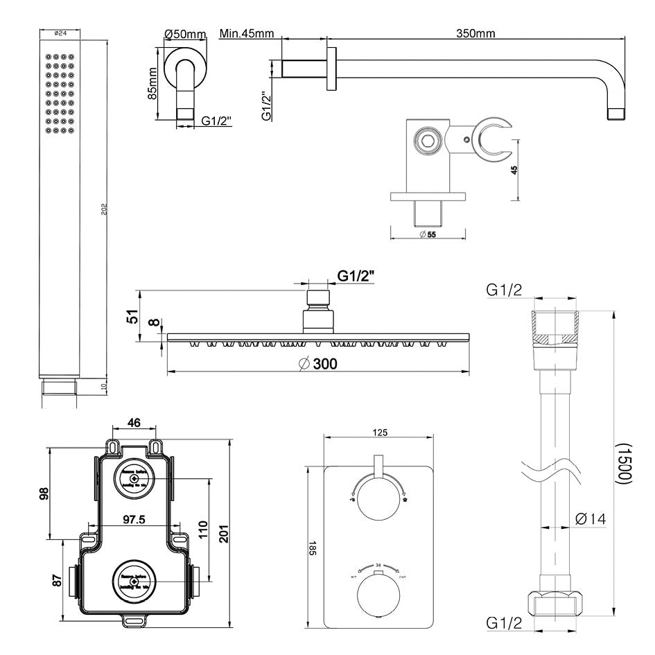 Caral inbouwthermostaat compleet met hoofddouche 30 cm en staafhanddouche chroom maattekening – afmetingen volgens maattekening | Dealplein