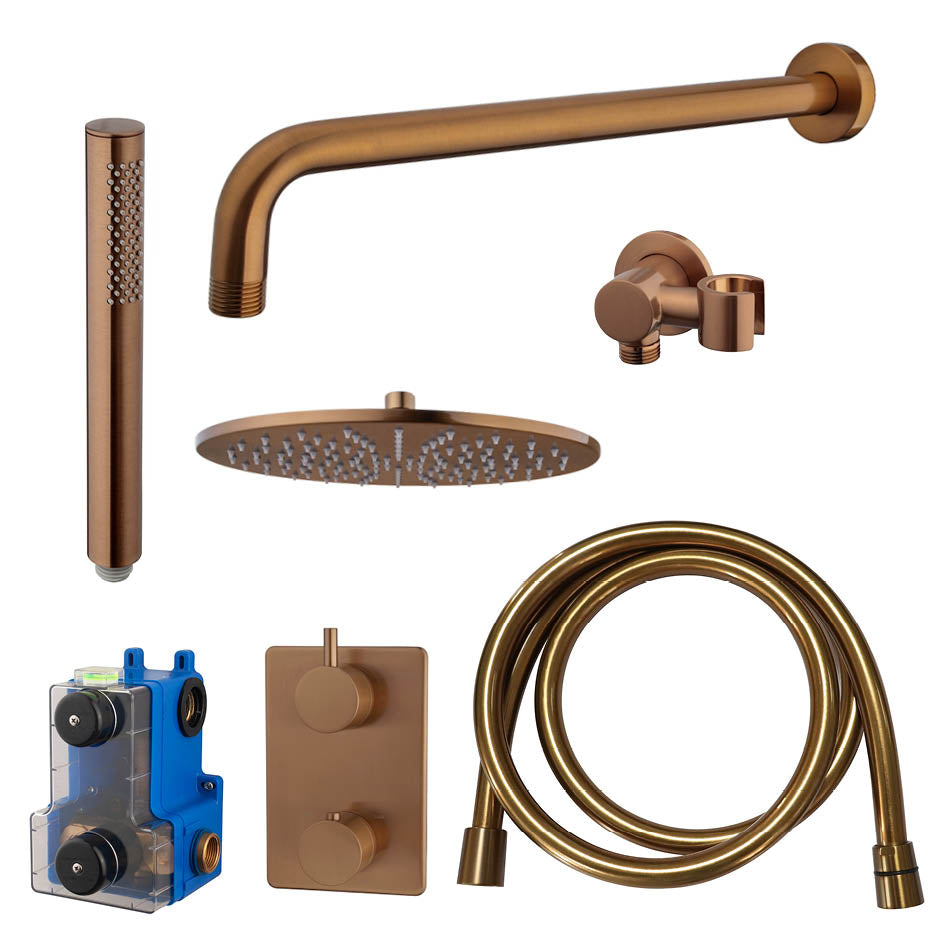 Caral Inbouwthermostaat Compleet met Hoofddouche 30 cm en Staafhanddouche Geborsteld Brons Koper