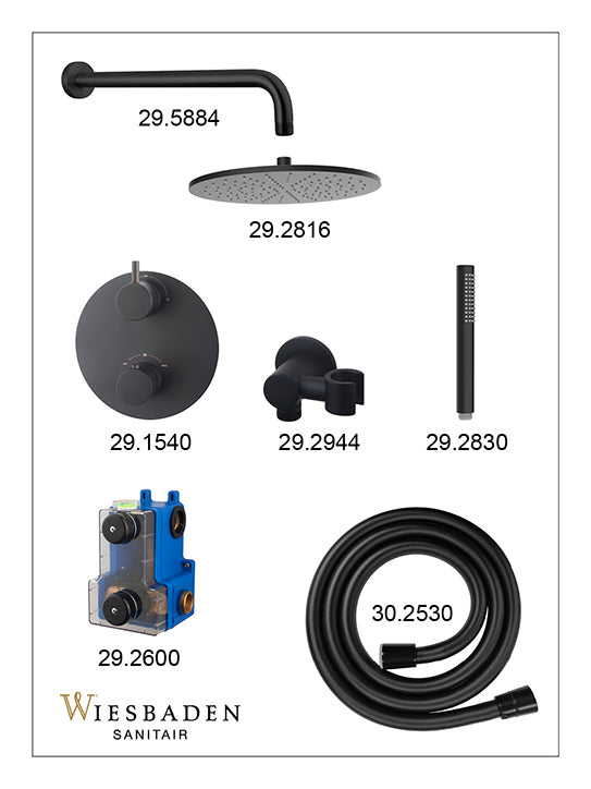 Wiesbaden Caral inbouwthermostaat compleet met hoofddouche 30 cm en staafhanddouche mat zwart