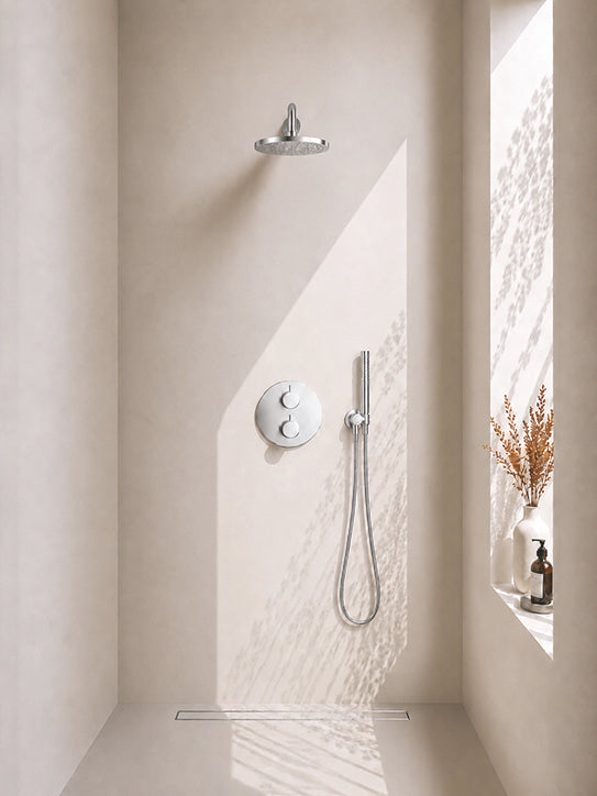 Wiesbaden Caral inbouwthermostaat rond compleet met hoofddouche 25 cm en staafhanddouche chroom