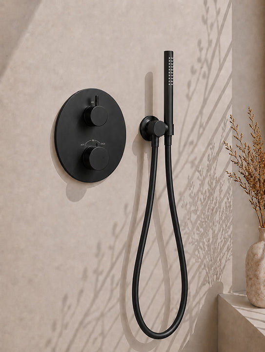 Wiesbaden Caral inbouwthermostaat compleet met hoofddouche 25 cm en staafhanddouche mat zwart