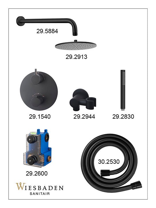 Wiesbaden Caral inbouwthermostaat compleet met hoofddouche 25 cm en staafhanddouche mat zwart