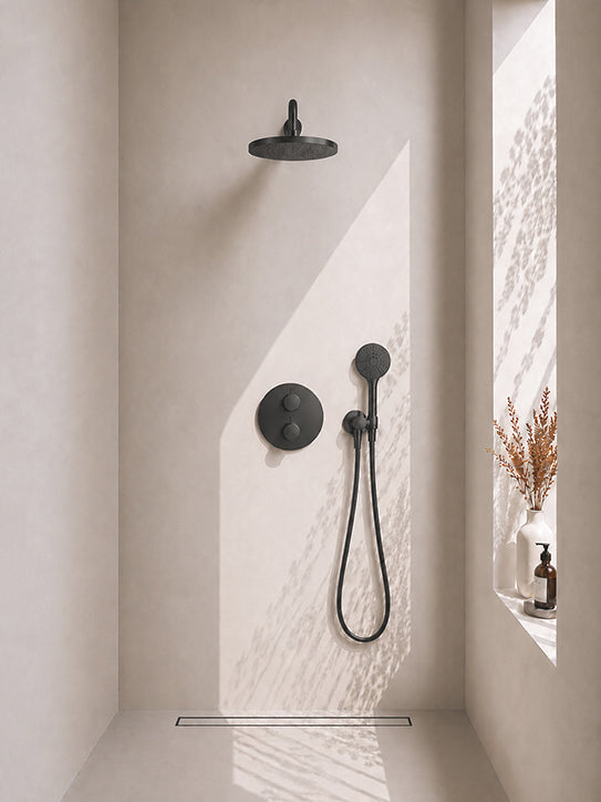 Wiesbaden Caral inbouwthermostaat compleet met hoofddouche 30 cm en 3 standen handdouche mat zwart