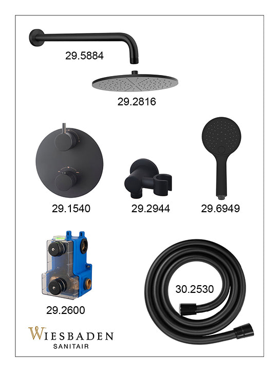 Wiesbaden Caral inbouwthermostaat compleet met hoofddouche 30 cm en 3 standen handdouche mat zwart
