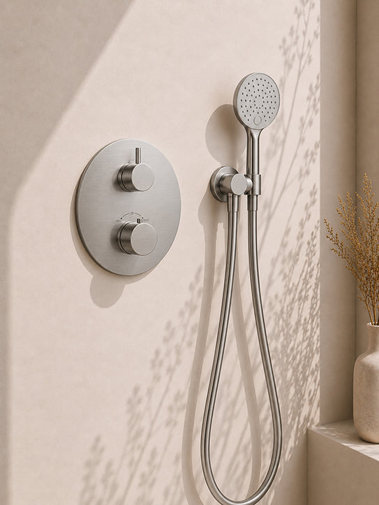 Wiesbaden Caral inbouwthermostaat rond compleet met hoofddouche 30 cm en 3 standen handdouche geborsteld staal