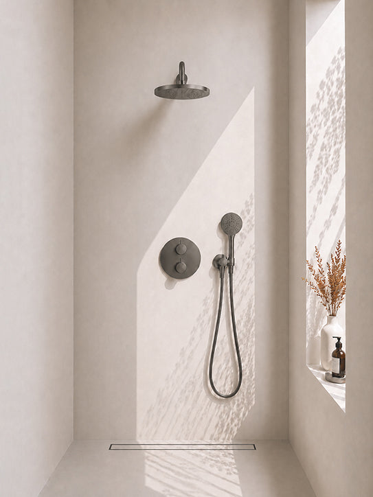 Wiesbaden Caral inbouwthermostaat compleet met hoofddouche 30 cm en 3 standen handdouche gunmetal