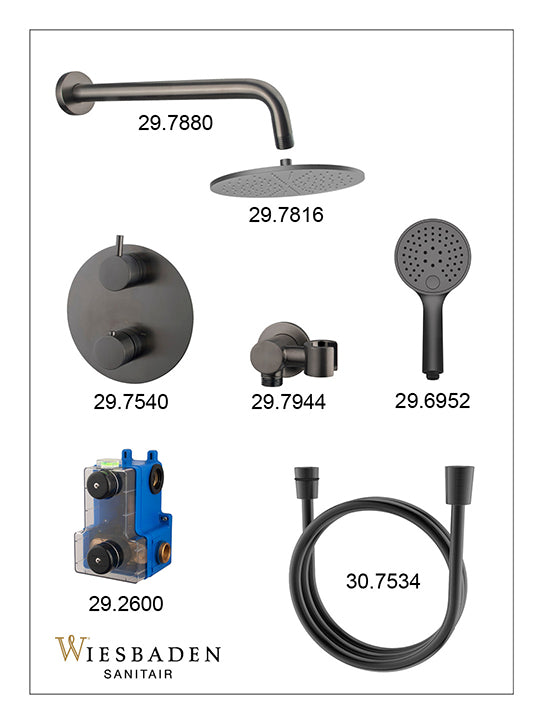 Wiesbaden Caral inbouwthermostaat compleet met hoofddouche 30 cm en 3 standen handdouche gunmetal