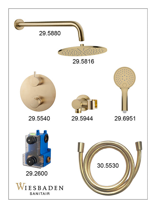 Wiesbaden Caral inbouwthermostaat compleet met hoofddouche 30 cm en 3 standen handdouche geborsteld messing