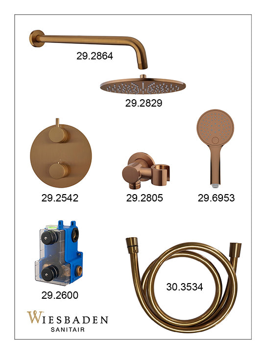 Wiesbaden Caral inbouwthermostaat rond compleet met hoofddouche 30 cm en 3 standen handdouche geborsteld brons koper