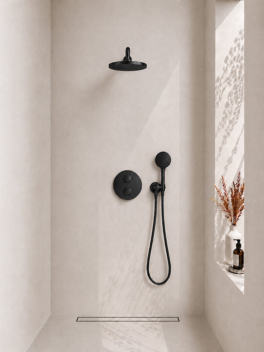 Wiesbaden Caral inbouwthermostaat compleet met hoofddouche 25 cm en 3 standen handdouche mat zwart
