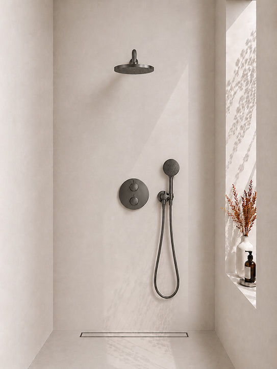 Wiesbaden Caral inbouwthermostaat compleet met hoofddouche 25 cm en 3 standen handdouche gunmetal