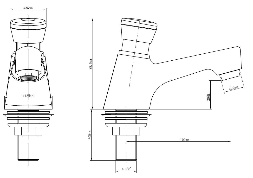 Kazi fonteinkraan zelfsluitend 1/2'' chroom maattekening – afmetingen volgens maattekening | Dealplein
