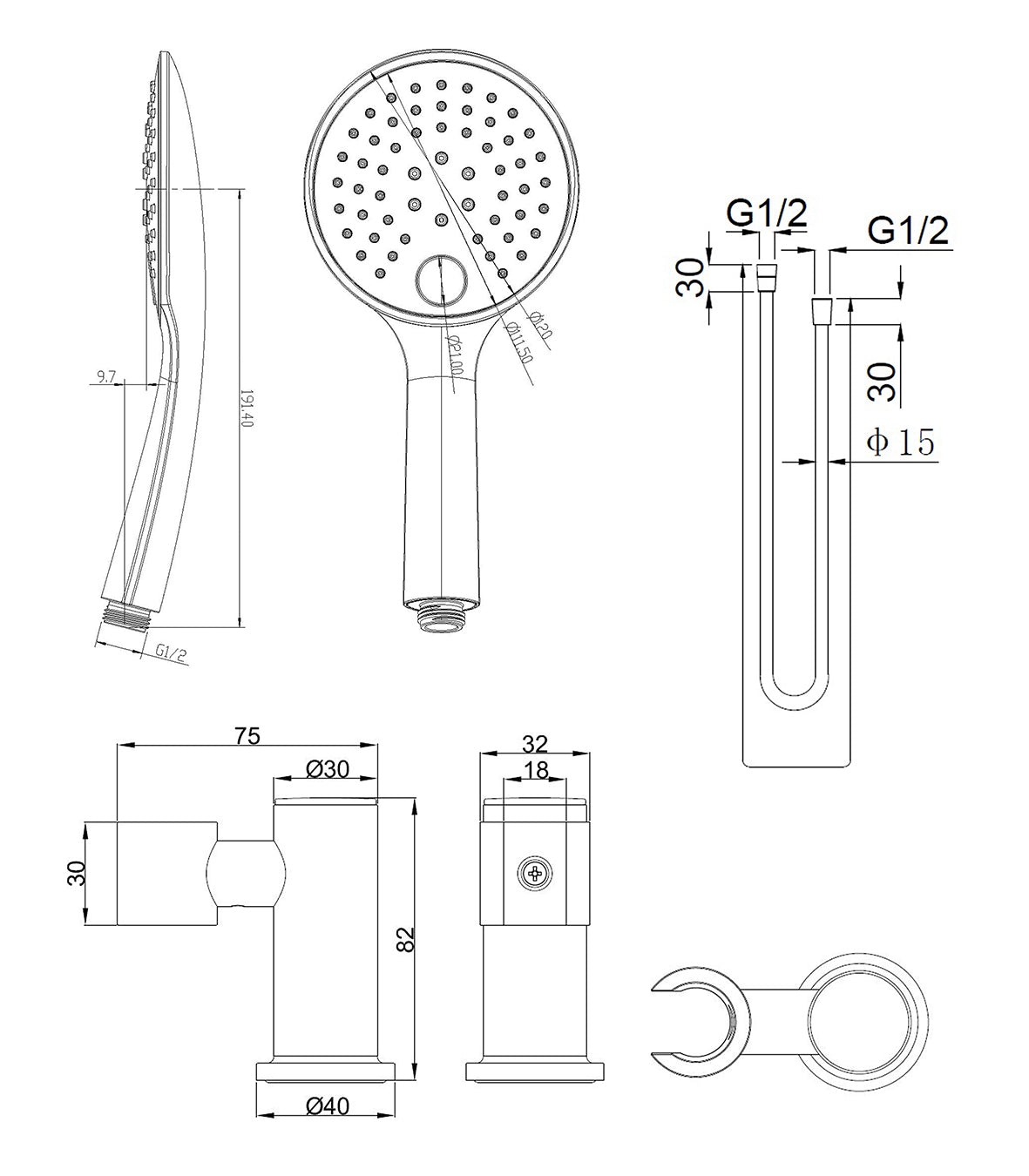 Maattekening Wiesbaden UniMatch handdoucheset met handdouche 3 standen Ø 12 cm, doucheslang en wandhouder kantelbaar gebrorst