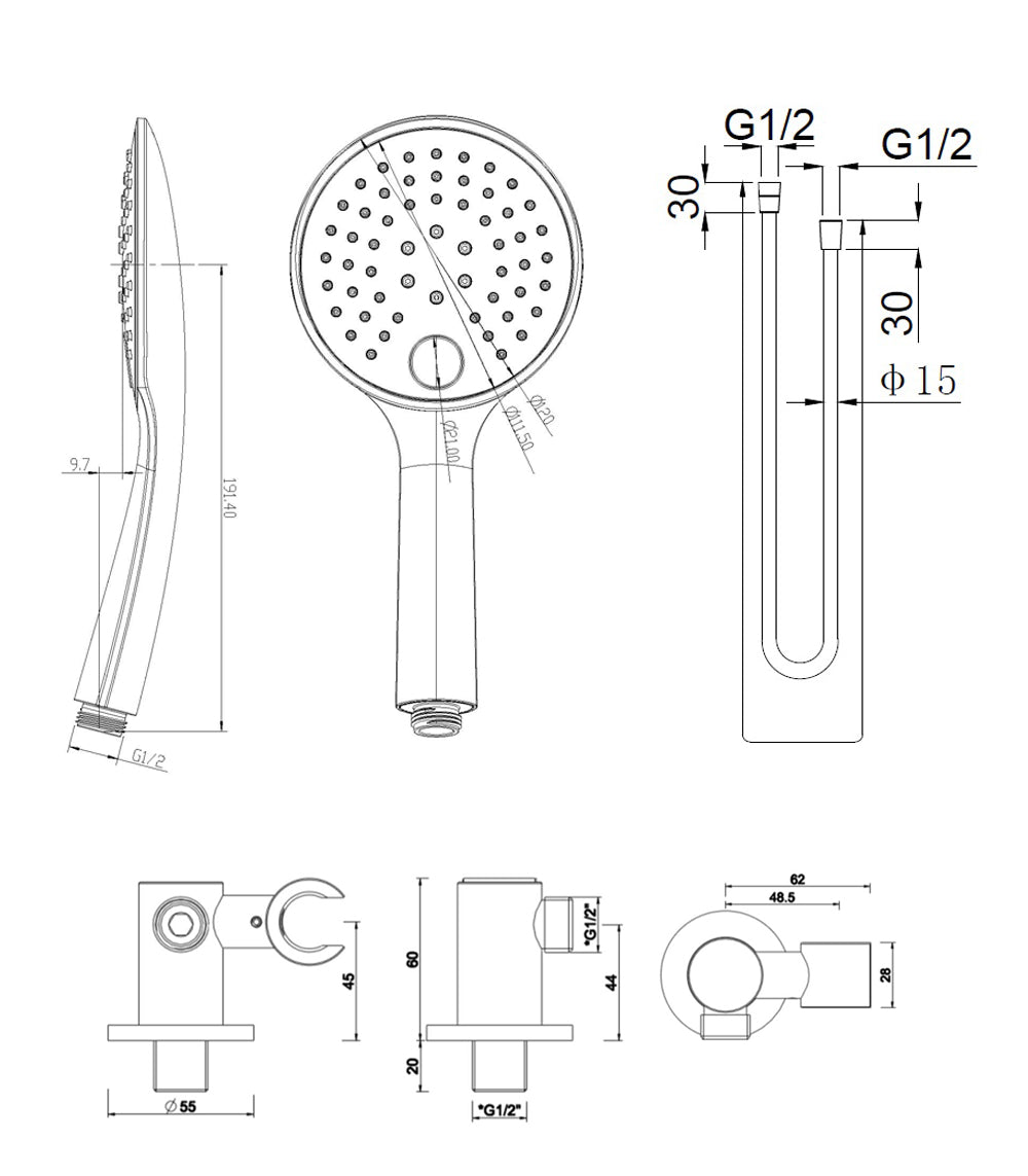 UniMatch handdoucheset met handdouche 3 standen Ø 12 cm, doucheslang en wandaansluitbocht geborsteld staal maattekening – 10 cm | Dealplein
